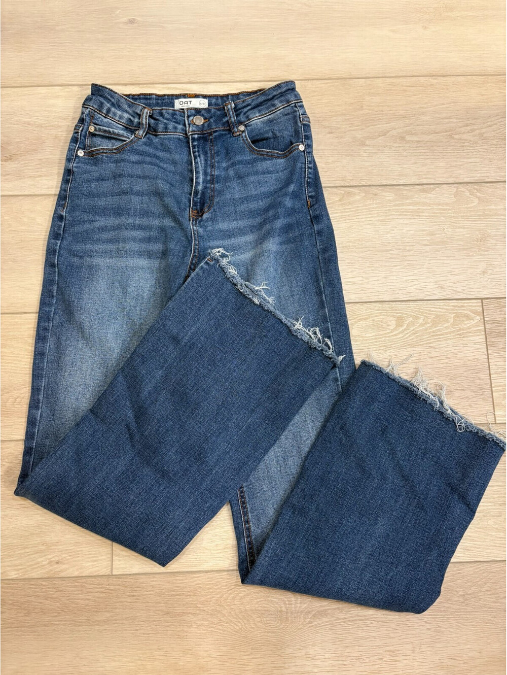 OAT New York Jeans Womens 4/27 Blue Medium Wash High Rise Flare Raw Hem Stretch